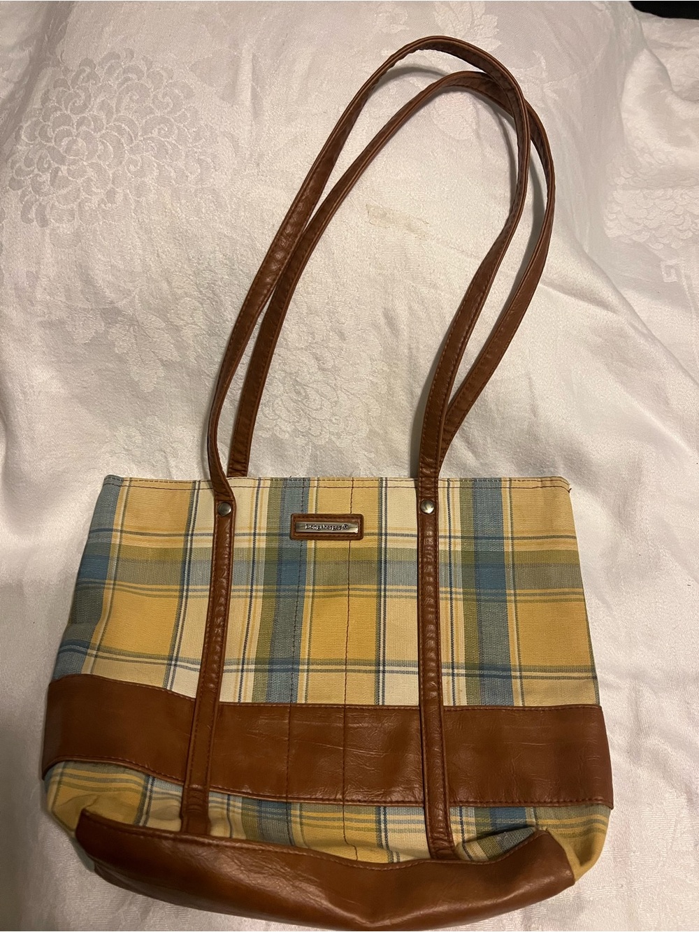 Longaberger Yellow Plaid Shoulder Tote with Brown Leather Trim